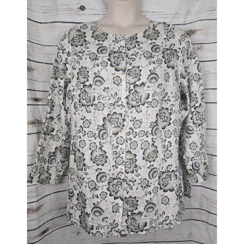 Tahari 100% Linen Black White Floral Tunic Top 1X Button Up Long Sleeves